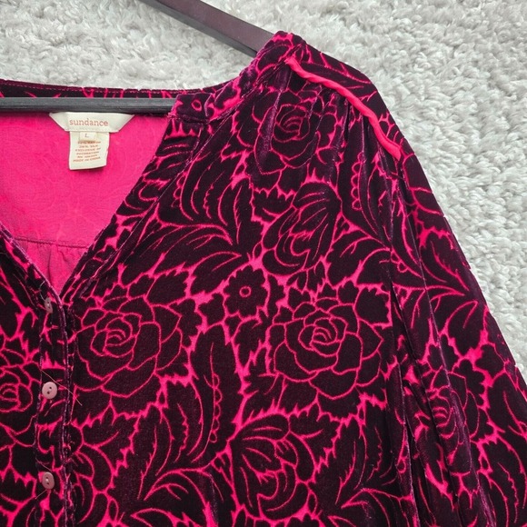 Sundance Blouse Womens Large Burgundy Floral Velvet Silk Blend Button Up Boho - Picture 3 of 11